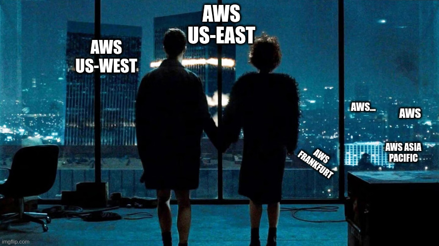 Fight Club ending, where the hero blows up banks. But this time we blow up AWS cluster data centers
A man and a woman holding hands silhouetted in front of a office building window overlooking a city business center landscape where other high rise office building are starting to explode