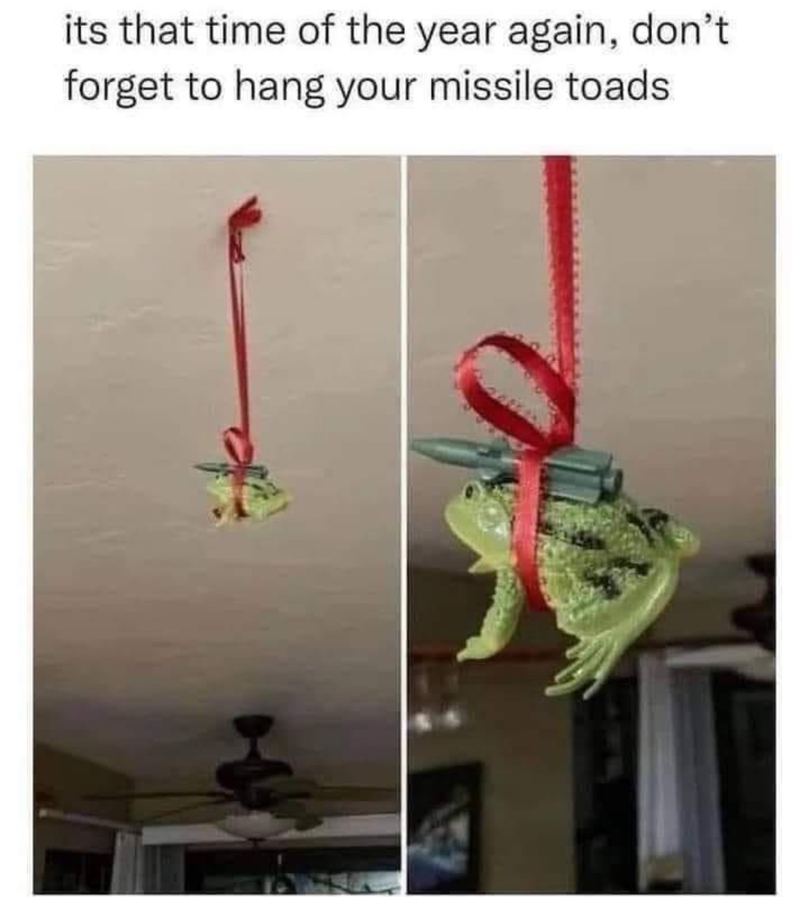 “It’s that time of year again, don’t forget to hang your missile toads”, it’s a photo of a plastic toad with a missile on top hanging from a ceiling